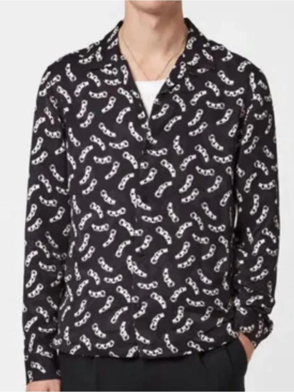 All Saints Black Button-Down Shirt with White Sunglasses Chain Print